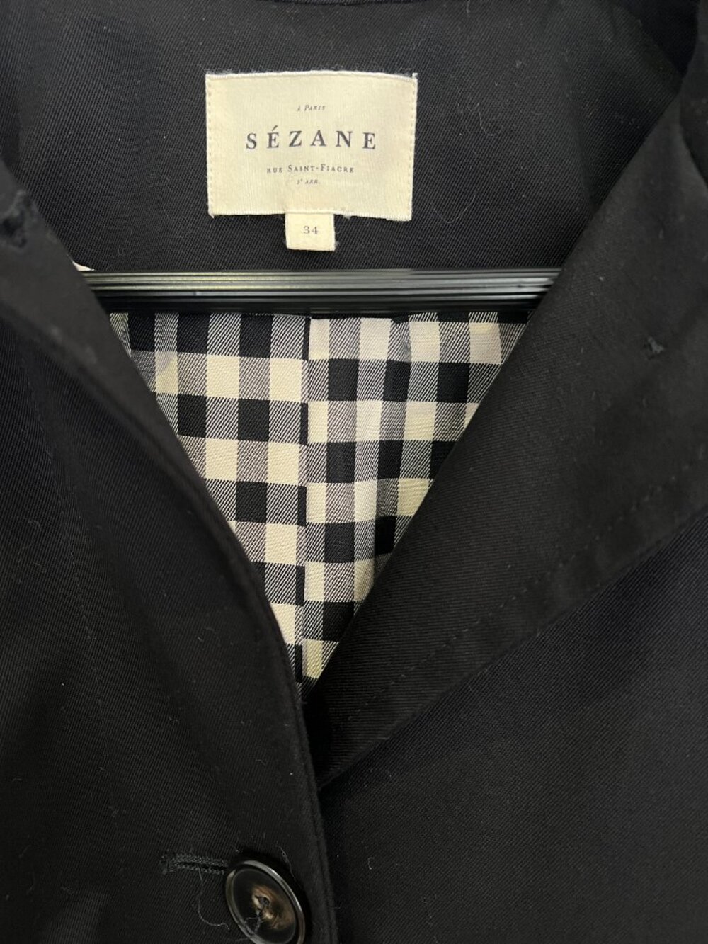 SÉZANE Clyde Coat Black Organic Cotton Trench Gingham Lining FR 34 (US 2) - Picture 6 of 10